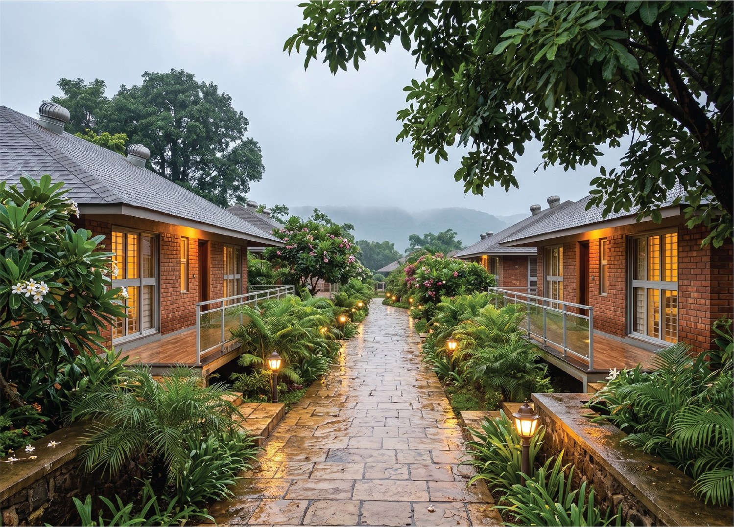 The lit Shahabad pathway running between two residences.